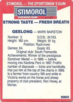 1990 AFL Scanlens Stimorol #19 Mark Bairstow Back